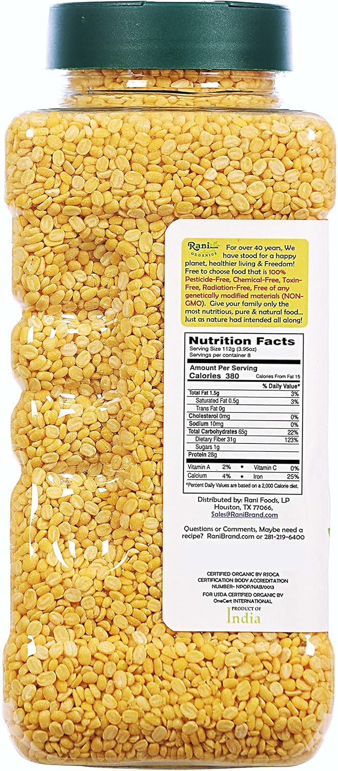 Rani Organic Moong Dal (Split Moong Beans Skinless) Indian Lentils 32oz (2lbs) 908g PET Jar ~ All Natural | Vegan | Gluten Friendly | NON-GMO | Indian Origin | USDA Certified Organic