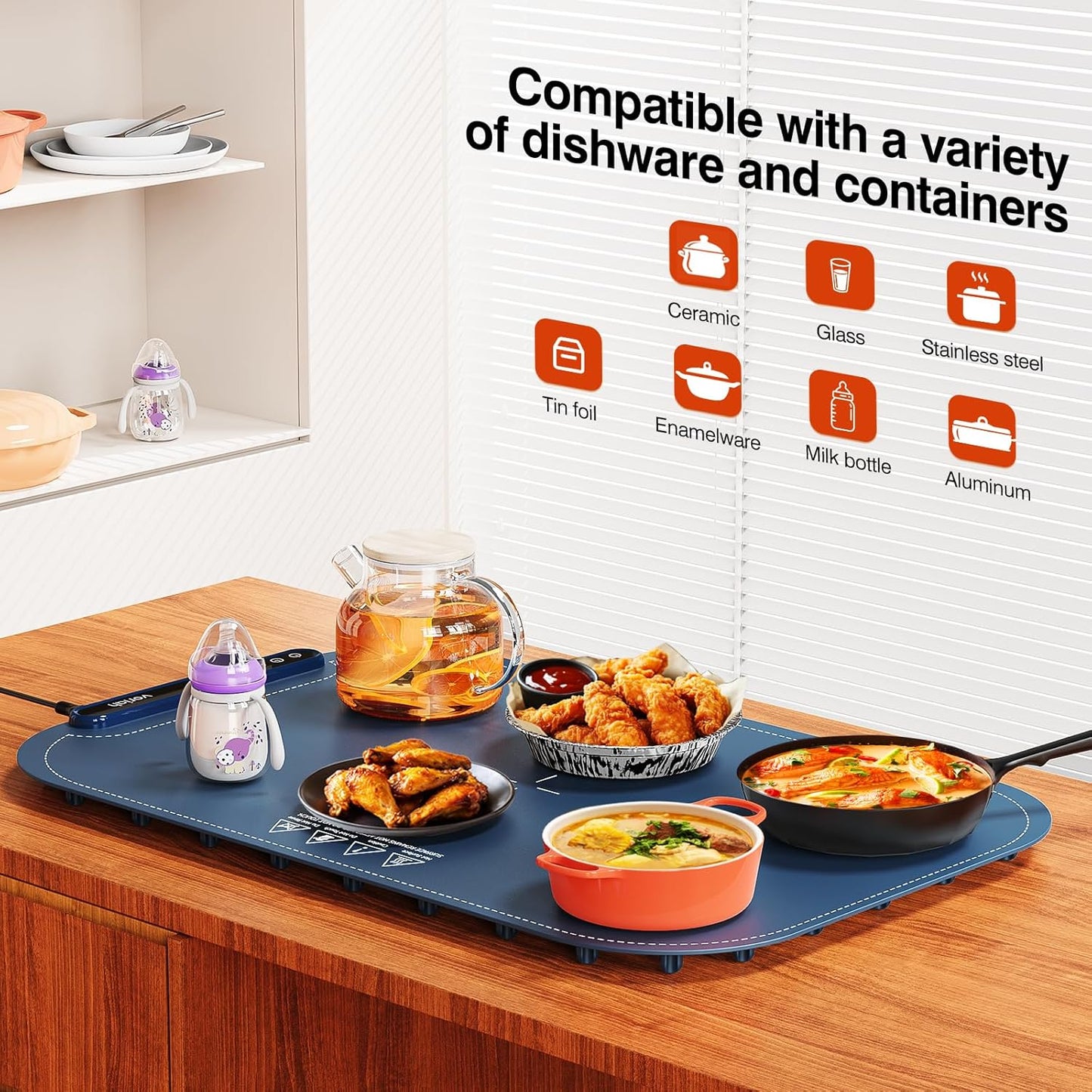 Warming Mat for Food, Voriah Electric Warming Tray with 99H Timer & 8 Temperature Settings, Foldable Food Warmer with °C/°F Switch, Keeps Food Warm at Buffets, Sabbath, Family Gatherings（Dark Blue）