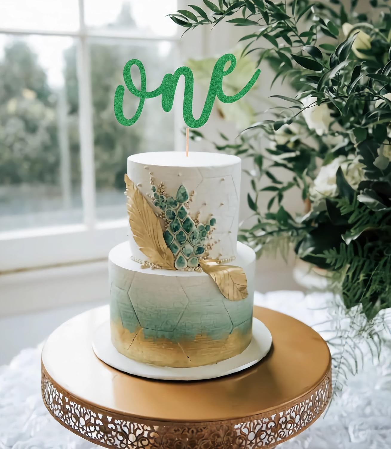 First Birthday Cake Topper - Green Glitter One Cake Decorating Supplies for Girls and Boys, Perfect for Baby Shower/Gender Revealing Party/Baby Party Photo Booth Props
