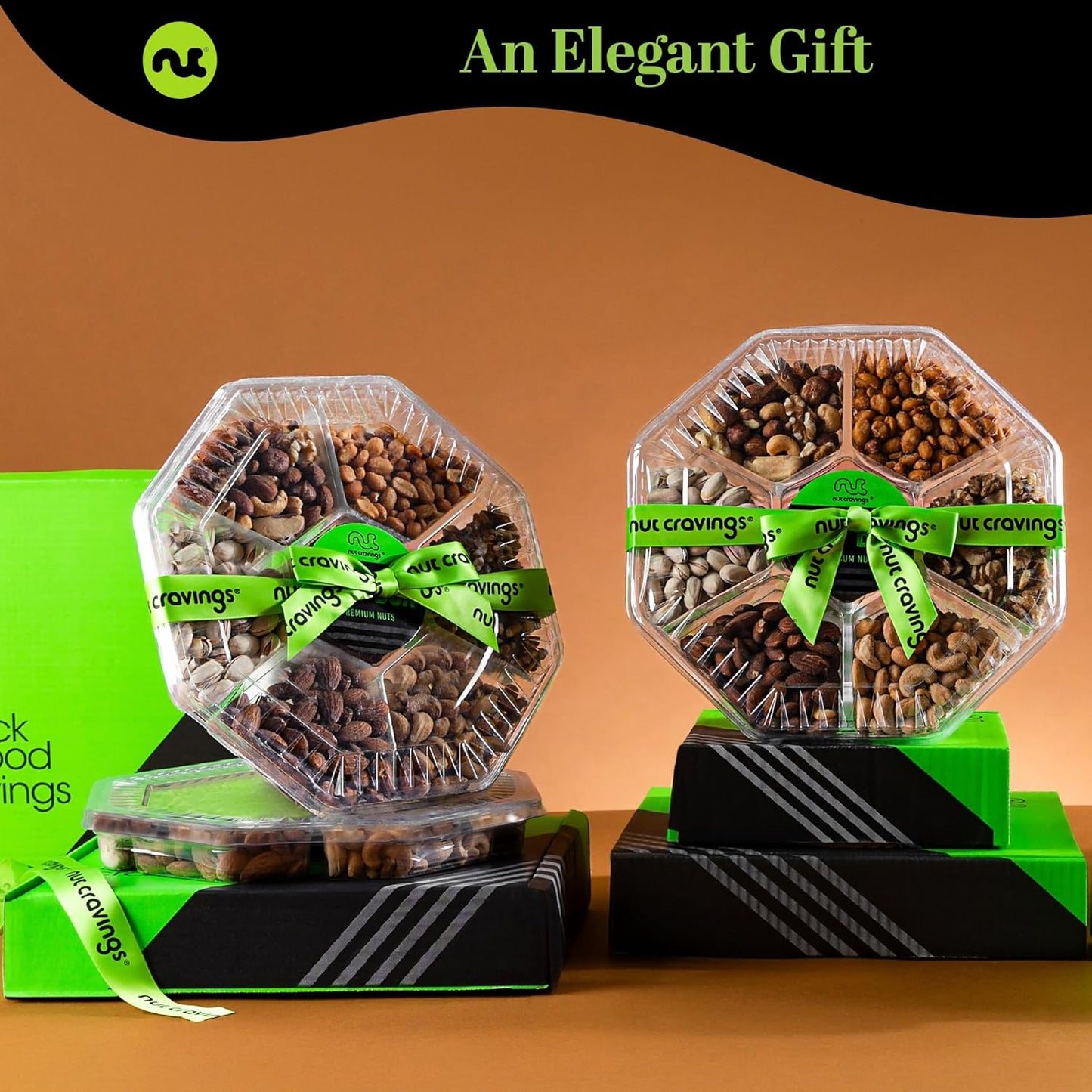 NUT CRAVINGS - Mixed Nuts Gift Basket + Green Ribbon (7 Assortments, 2.2 LB) Food Arrangement, Healthy Snack Care Package, Food Assortments