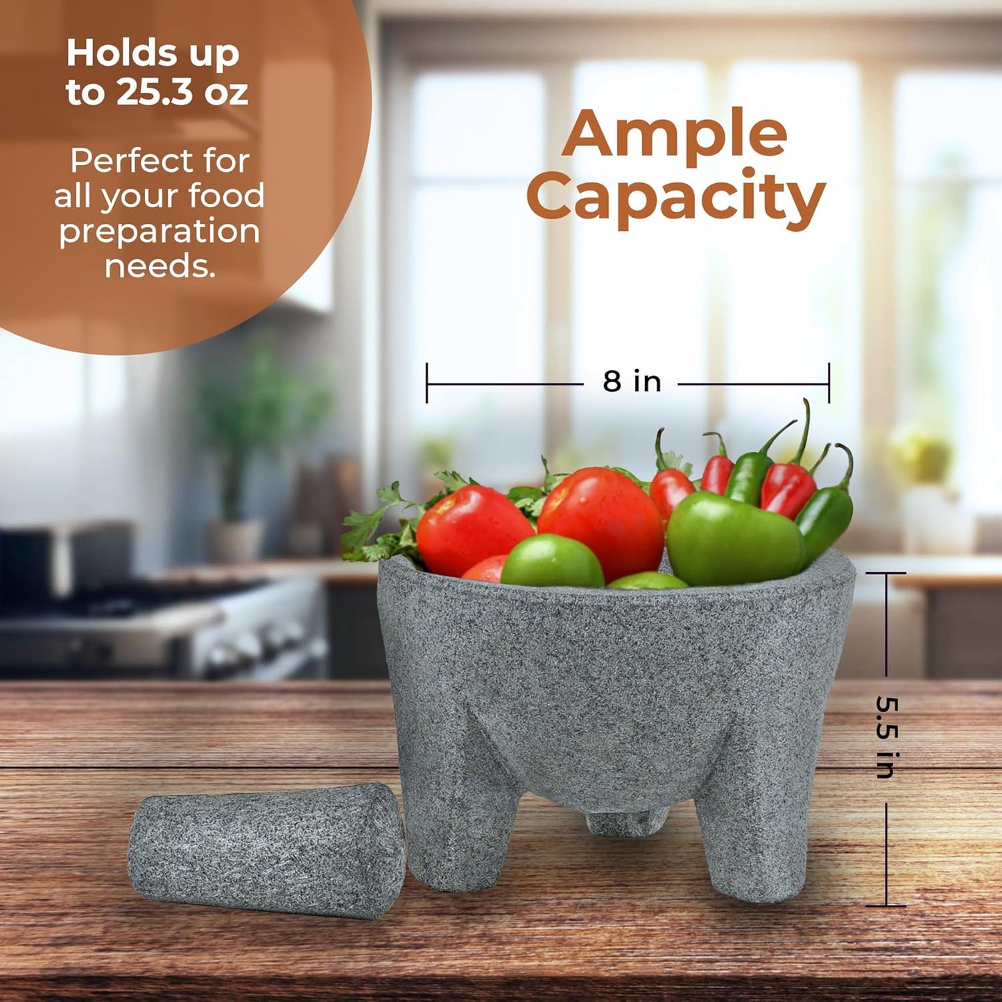The Authentic Molcajete Mexicano Made of Lava Volcanic Rock, Set with Mortar, Pestle and Cutting Board Included - Large Molcajete 8-Inch, Molcajete de Piedra Volcánica with Less Porous Finish (Grey)
