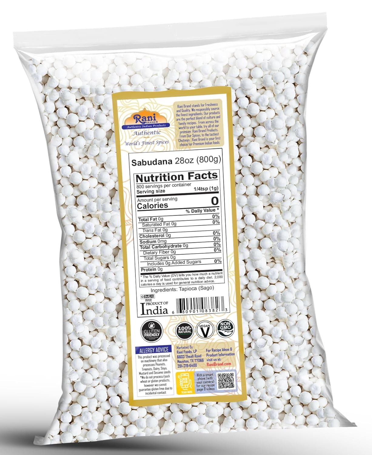 Rani Sabudana (Tapioca/Sago) Pearls 28oz (800g) ~ All Natural | Vegan | No Colors | NON-GMO | Indian Origin