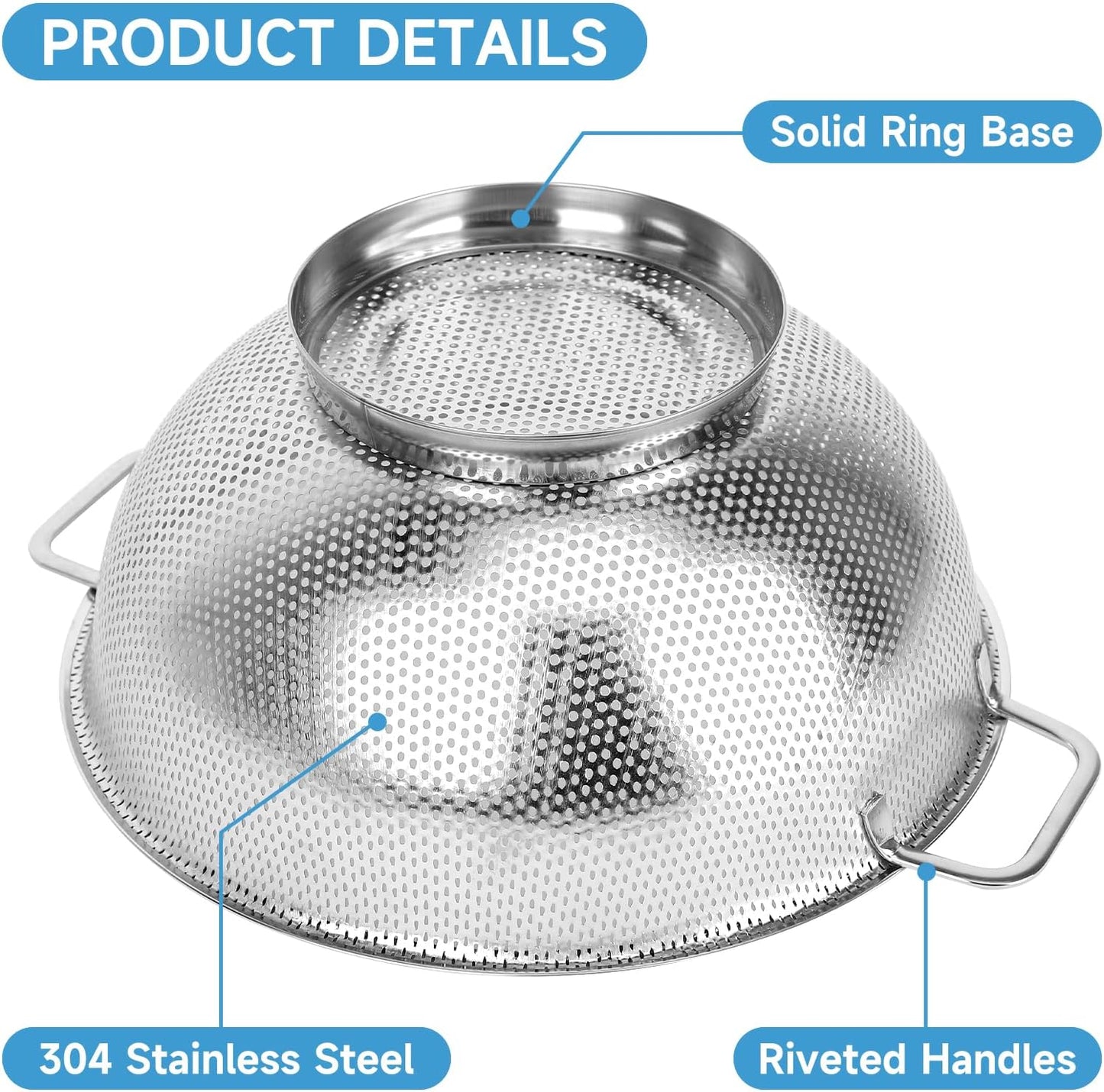 2PCS Colander for Kitchen, 3QT and 5QT, Stainless Steel Colander Strainer with Handle for Fruits Vegetables Cooking Food, Dishwasher Safe