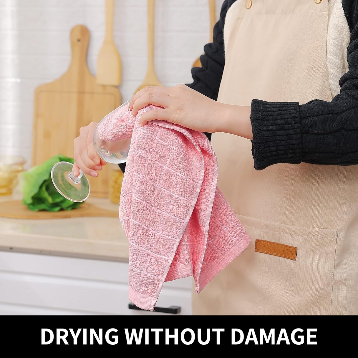 Homaxy 100% Cotton Terry Kitchen Towels(Pink, 13 x 28 inches), Checkered Designed, Soft and Super Absorbent Dish Towels, 4 Pack