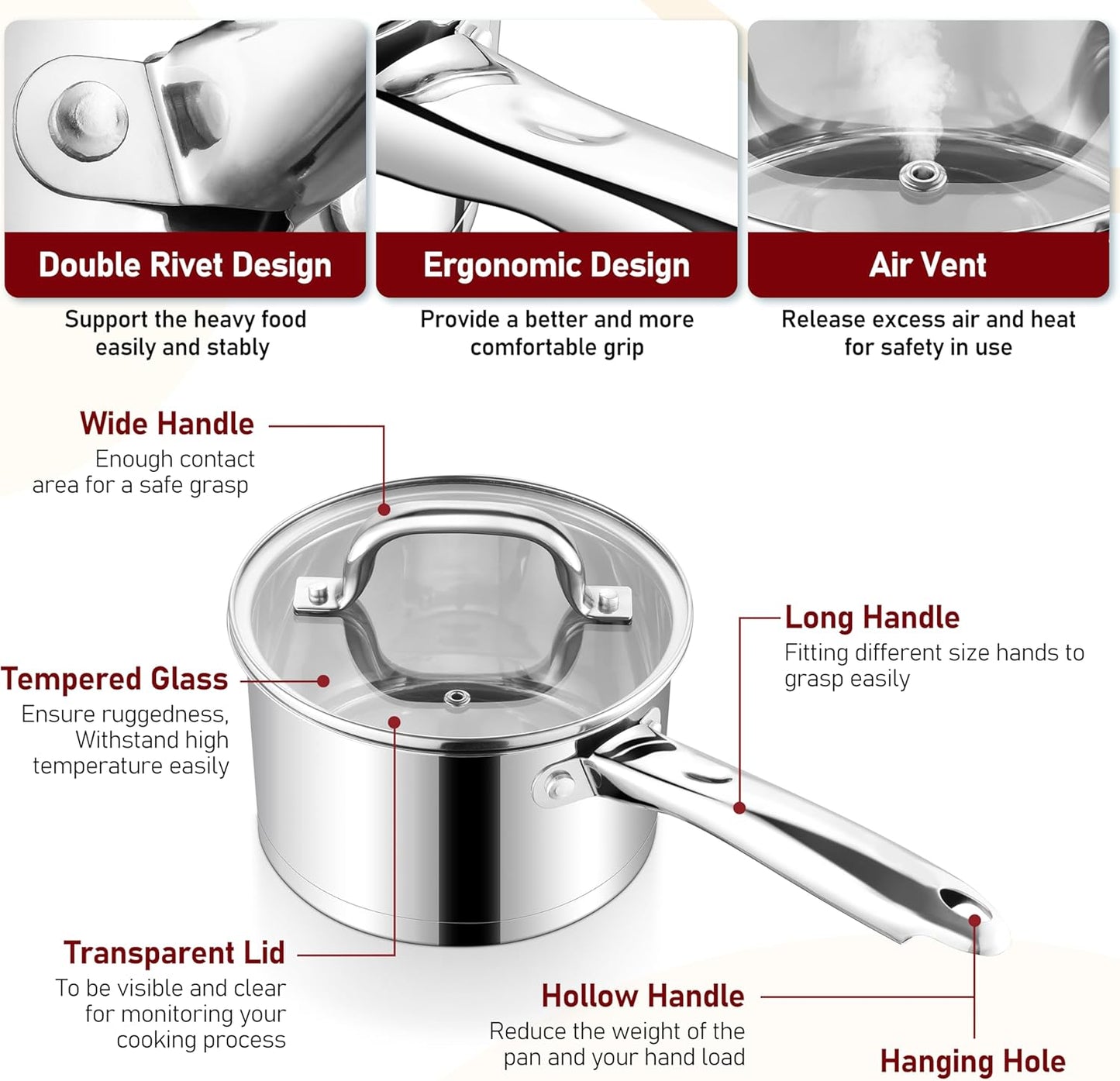 P&P CHEF 1 Quart & 2 Qruat Saucepan with Lid Set, Stainless Steel Small Cooking Pot Induction Sauce Pan for Pasta Soup, Ergonomic Handle & Tri-ply Base, Dishwasher Safe, 2 Pan