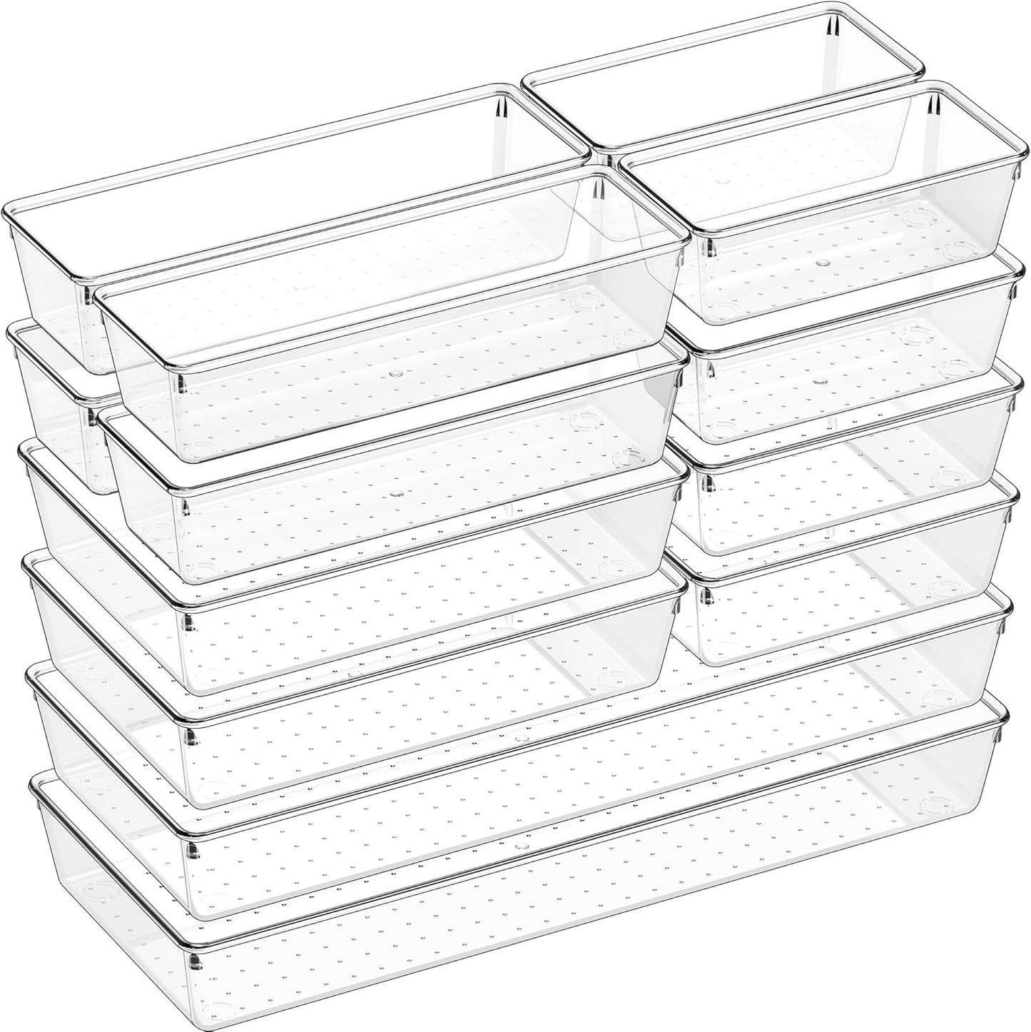 Criusia 14 PCS Clear Plastic Drawer Organizer Set - 5 Large Size Versatile Kitchen and Bathroom Organizer Trays, Non-Slip Storage Bins for Makeup, Utensils, Tool and Office Desk