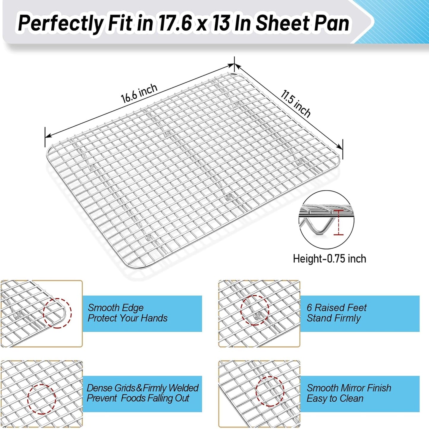 TeamFar Cookie Sheets with Cooling Racks, 17.6 x 13 x 1 Inch Stainless Steel Baking Pan with Grid Rack for Baking Roasting, Non-Toxic & Heavy Duty, Dishwasher Safe, 2 Pans with 2 Racks