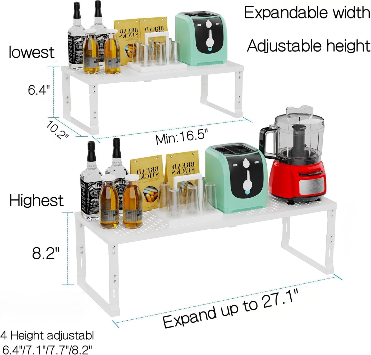 Heavy-Duty Adjustable Metal Shelf Organizer - Expandable & Stackable Pantry Storage Rack for Kitchen, Bathroom, RV, Cabinets(1 Pack/White, Large)