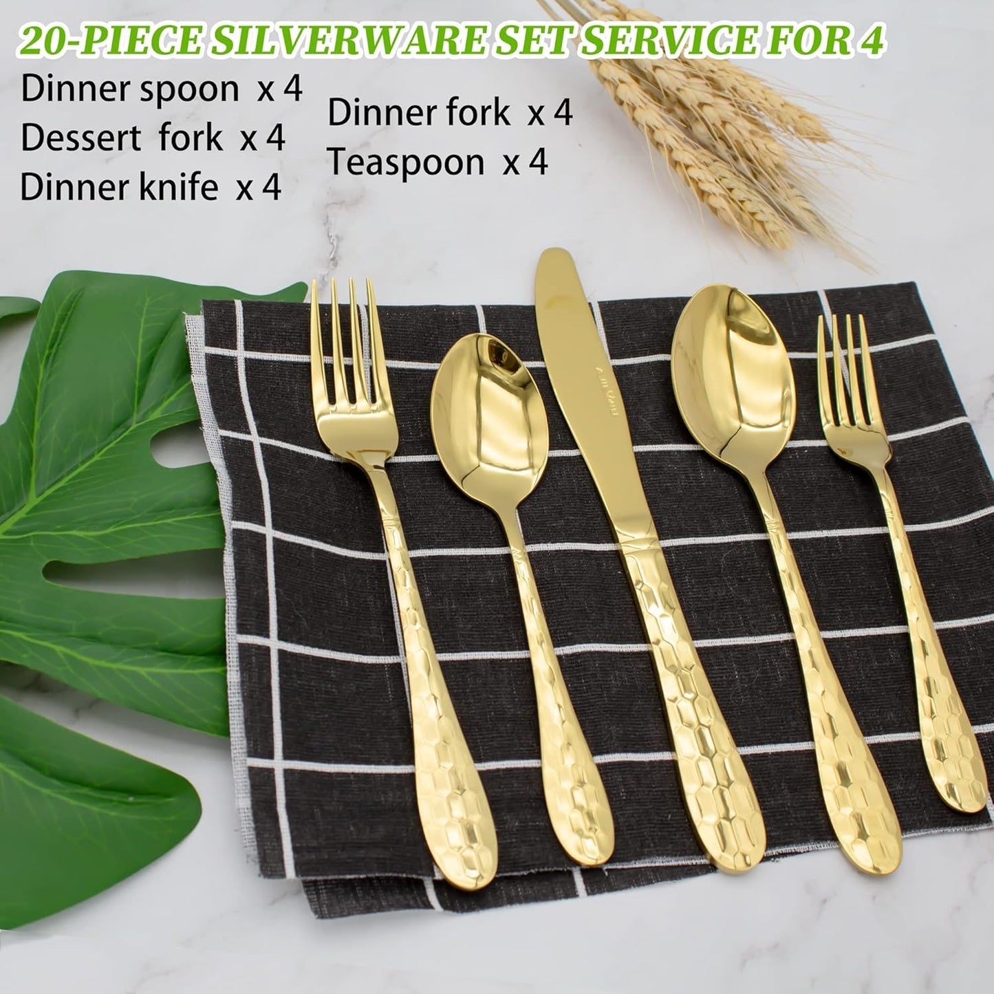 20 Piece Silverware Set for 4, Hammered Silverware Set 18/10 Stainless Steel Tableware Cutlery Flatware Spoons and Forks Set for Home Kitchen Restaurant, Unique Utensils Set Dishwasher Safe (Gold)