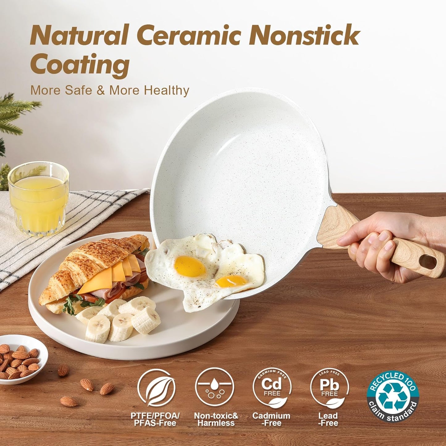 SENSARTE Nonstick Frying Pan Skillets, White Ceramic Coating Omelette Pans, Healthy Cookware Chef's Pan, Free of Intentionally Added PTFE & PFAS (9.5+11+12.5 Inch)