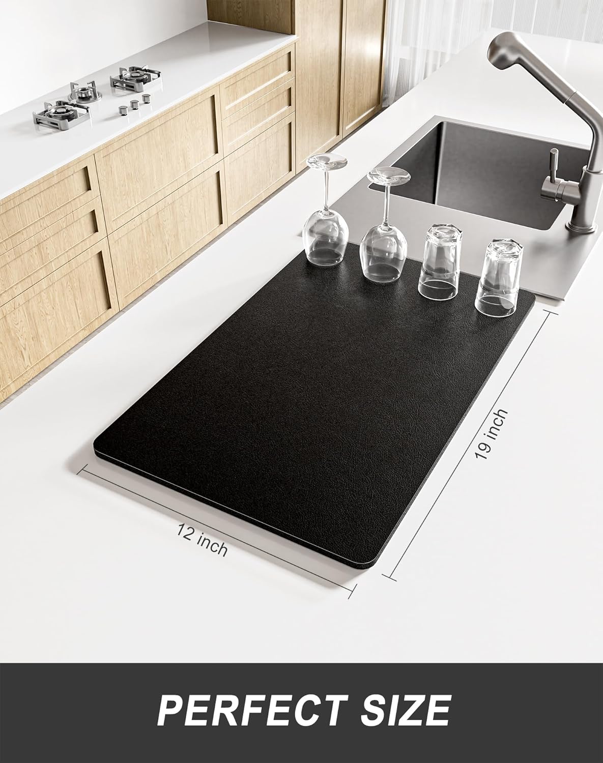 Rnivvi Dish Drying Mat for Kitchen Counter, 12 x 19" Super Absorbent Drainer Pad Easy Clean Dish Rack Pad, Non-Slip Heat Resistant Coffee Bar Mats for Coffee Machine Station Accessories Decor, Black