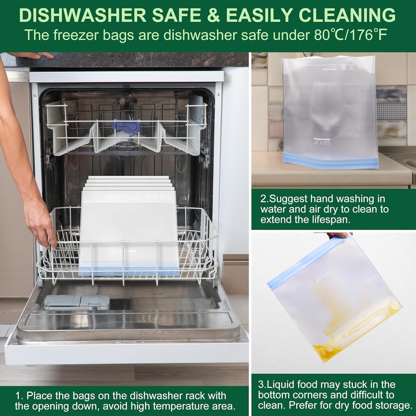 SPLF 6 Pack Stand-Up Reusable Gallon Freezer Bags Dishwasher Safe, Extra Thick 1 Gallon Leakproof Food Storage Bags, BPA and Silicone Free Freezer Bags for Meal Prep, Bread, Veggies, Home Organization