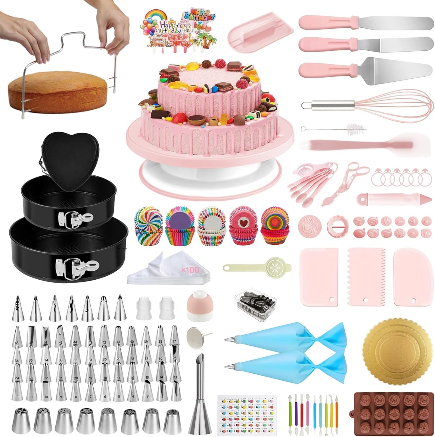Cake Decorating Kit - Cake Turntable for Decorating with Baking Springform Pans, Cake Leveler, Numbered Piping Tips, 2 Spatulas, Baking Supplies Tools