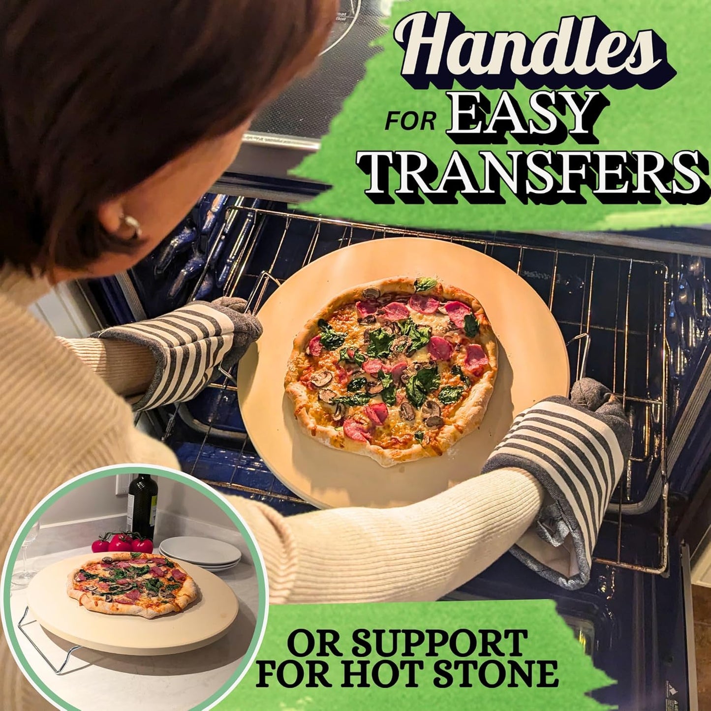 Round Pizza Stone for Oven 16 inch - Large Pizza Stone for Grill with Handles, Metal Pizza Peel & Dough Tool - Baking Stone for Bread - Oven Stones - Pizza Making Set