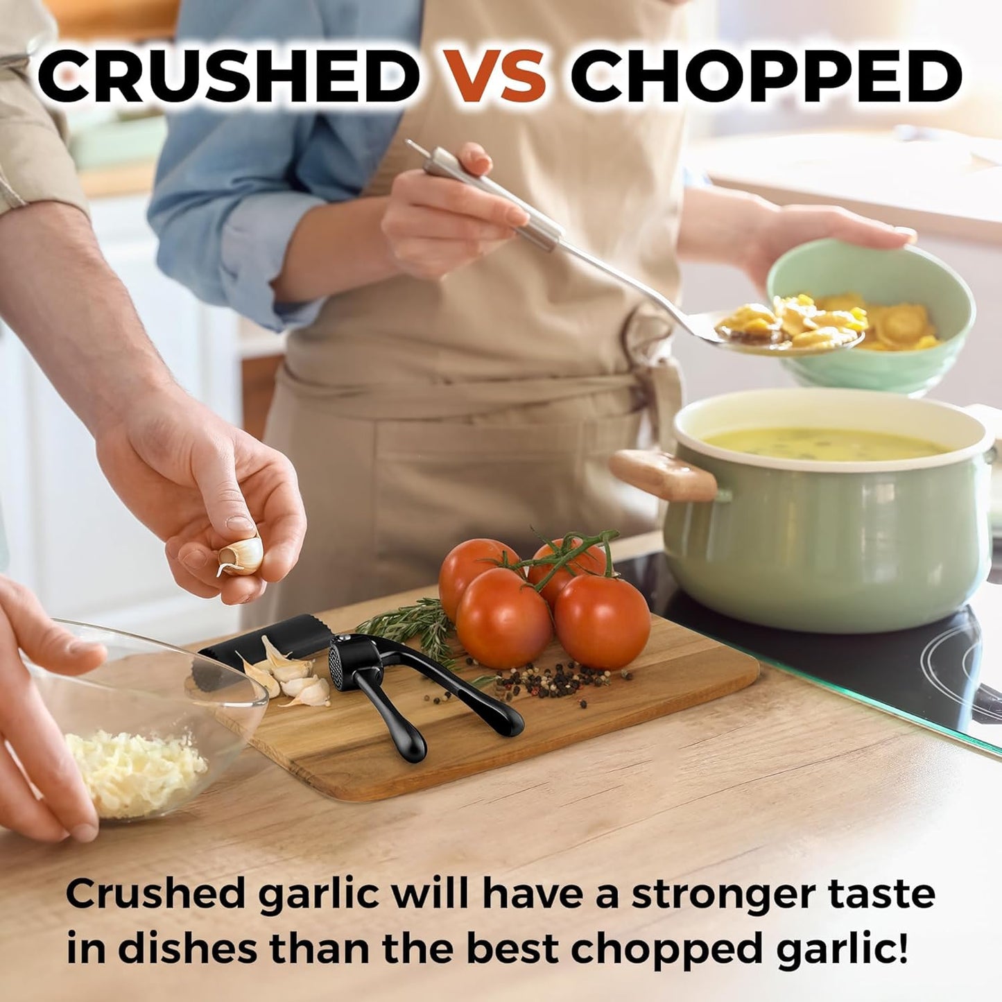 Zulay Kitchen Large Premium Garlic Press Set - Bigger Bowl for Bigger Garlic - Rust Proof & Dishwasher Safe Garlic Mincer Tool - Easy-Squeeze, Easy-Clean Silicone Garlic Peeler & Brush (Black)