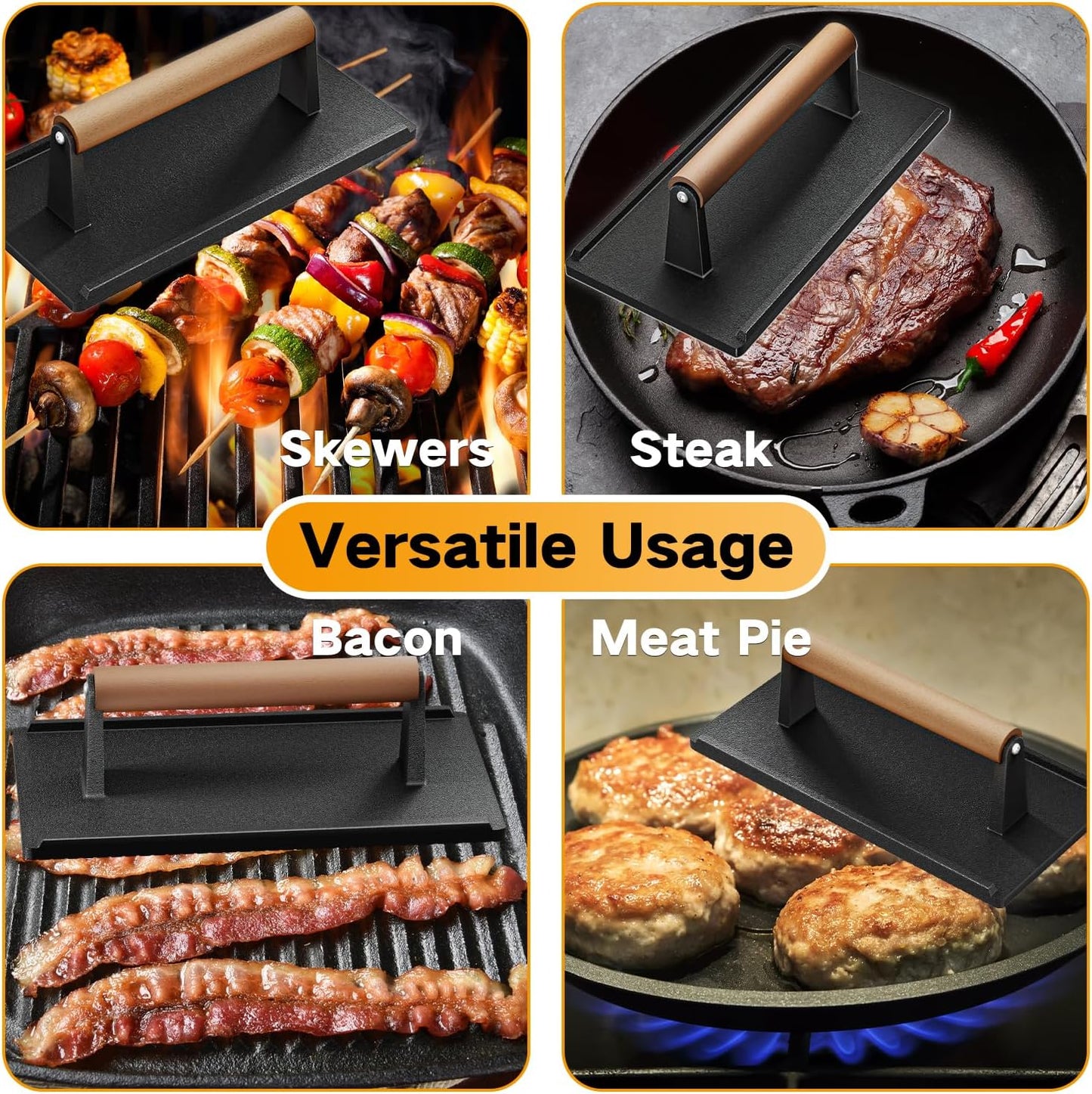 Yoehka Cast Iron Grill Press-2PCS, Heavy Duty Bacon/Burger/Griddle/Chef Press with Wood Handle, Perfectly Grilled Steak,Meat,Sandwich,Panini, 2.25lbs Cooking Weight,Rectangle(8.27"×4.25"×3.35”in)