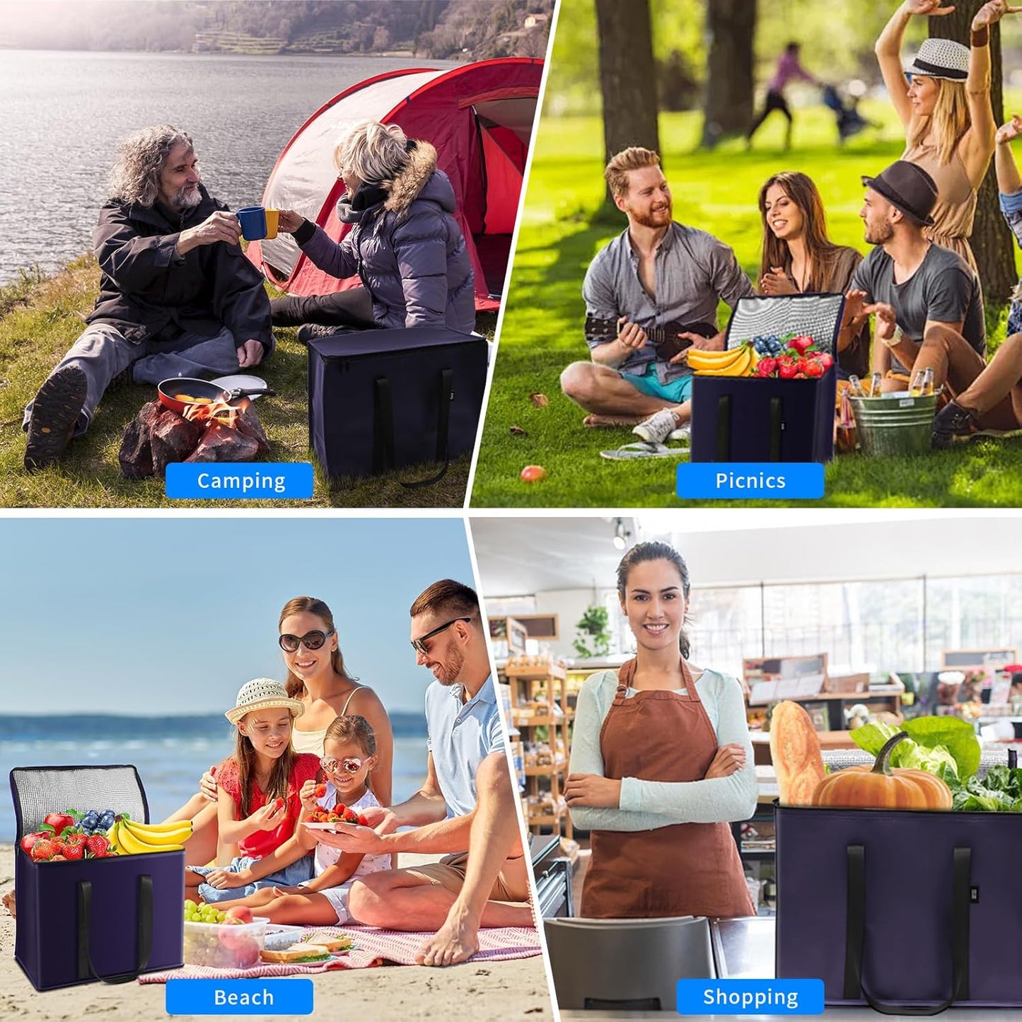 2-Pack Reusable Insulated Grocery Bags with Zippered Top, Heavy Duty Cooler Bags for Frozen Foods, Waterproof and Foldable Bag for Cold Storage & Travel– Dark Purple