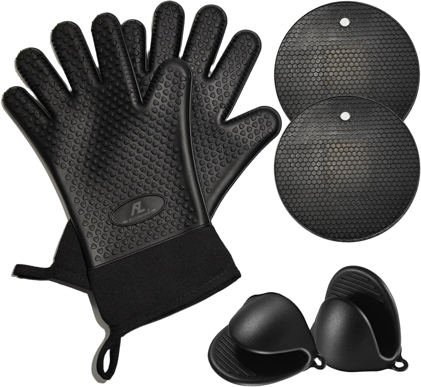 Silicone Smoker Oven Gloves & BBQ Set – Extreme Heat Resistant, Waterproof Oven Mitts, Mini Gloves, Hot Pads & Pot Holders for Cooking, Grilling, Baking & Fireworks, Extra Soft, Pack of 6. (Black)