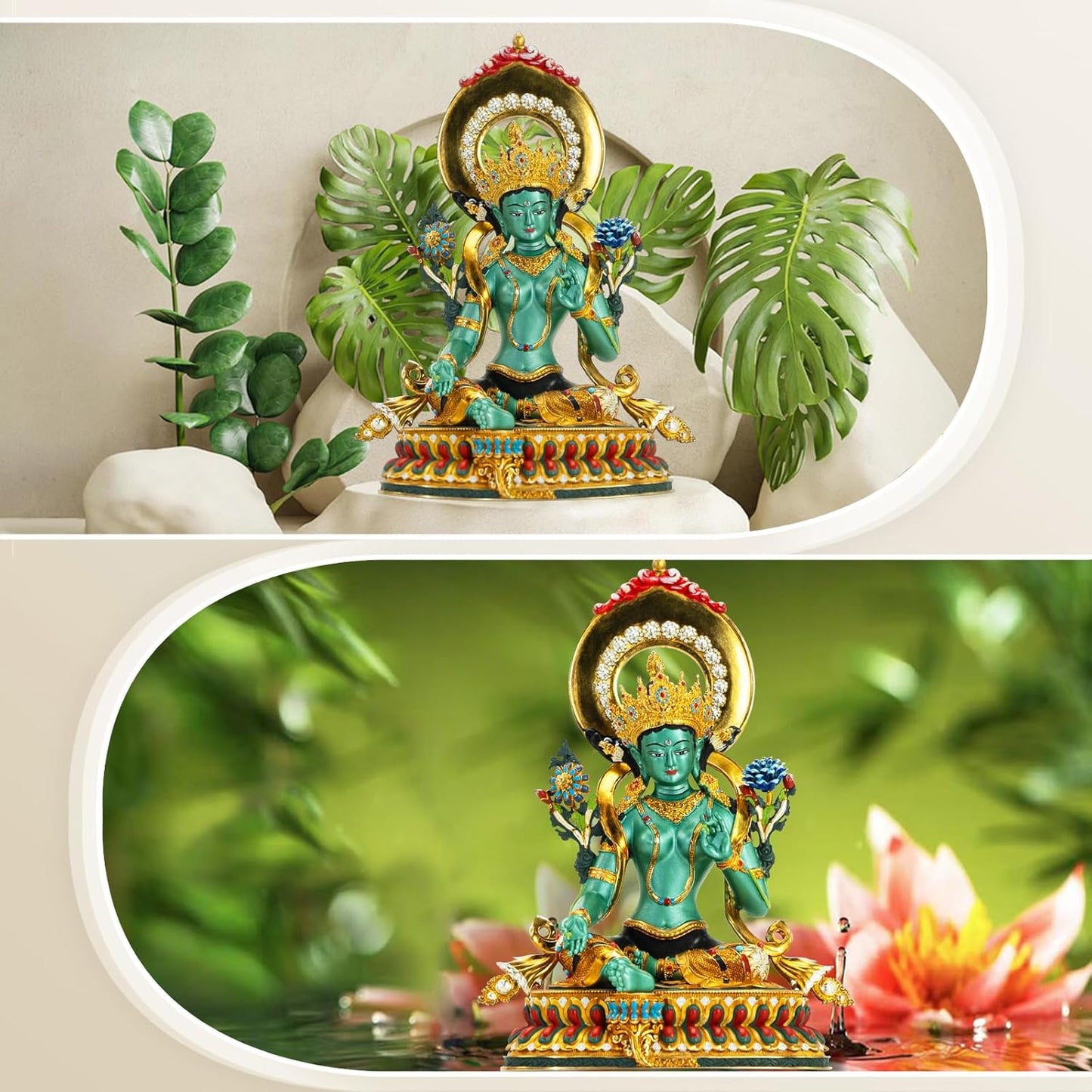 Buddha Statue Indoor, Green Tara Buda Sculpture for Home Decor, Hand-Painted Colored Buddhist Budda, Nepalese Craft Handmade Tibetan Buddhism Meditation Copper, 5.51"