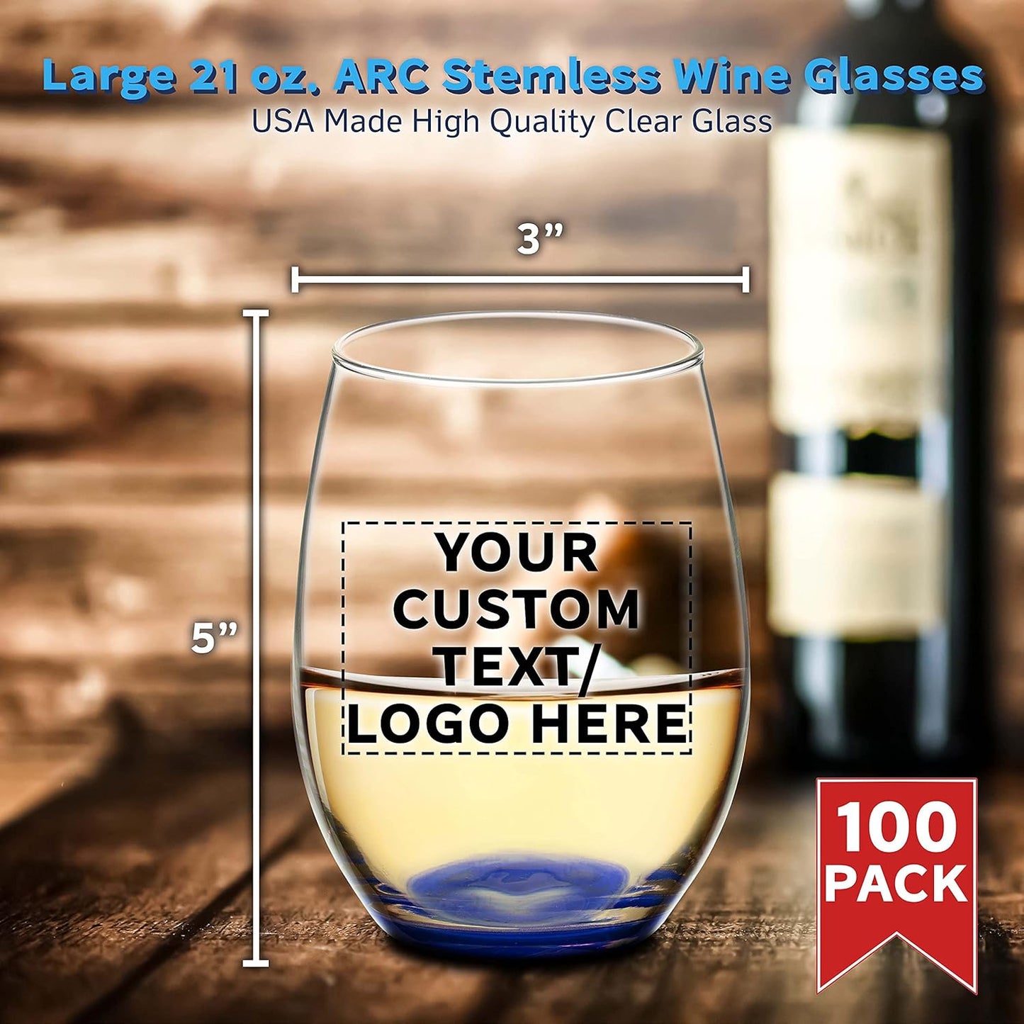 DISCOUNT PROMOS 100 ARC Stemless Wine Glasses Set, 21 oz. - Customizable Text, Logo - Chardonnay, Cabernet, Merlot, Sauvignon - Blue