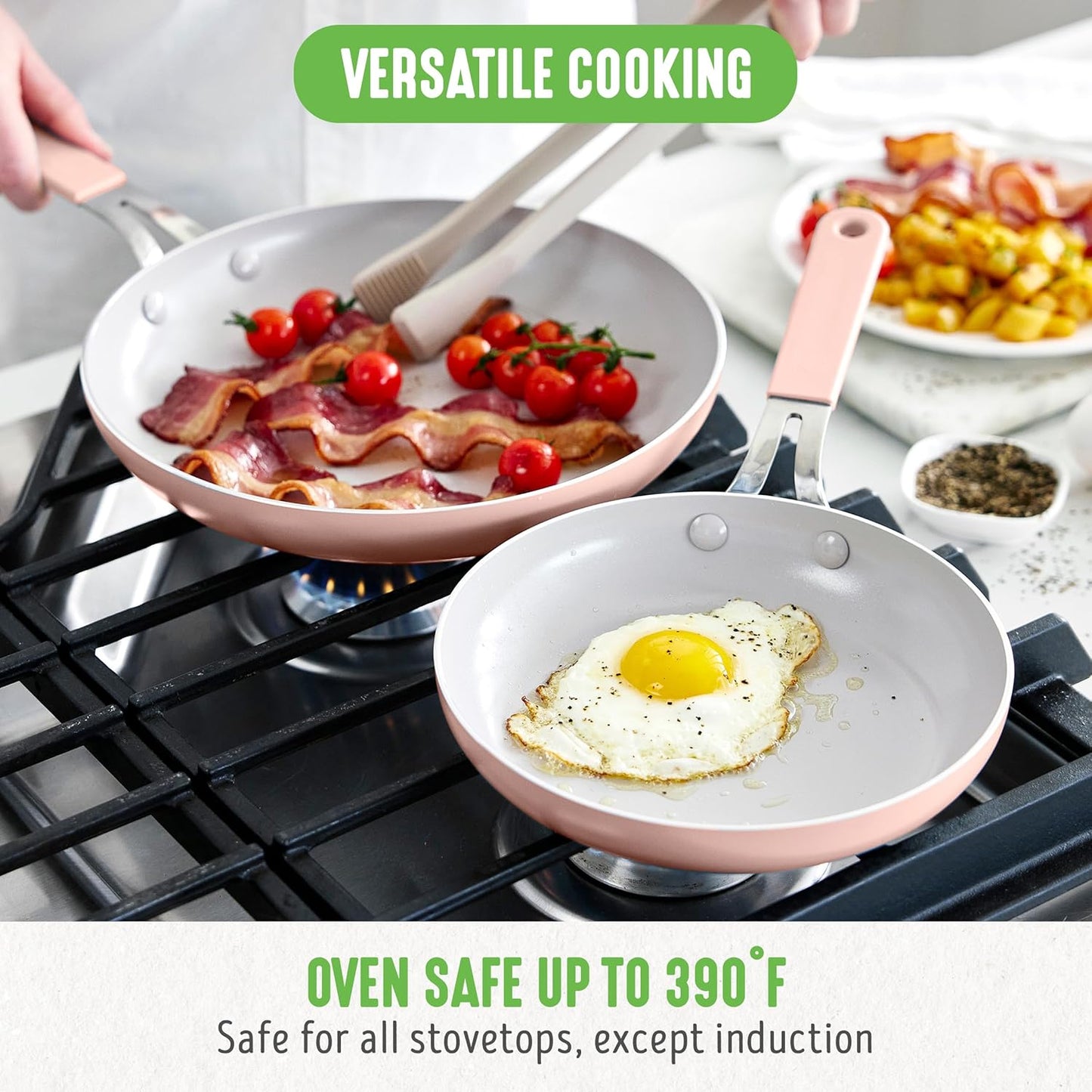 GreenLife 8” & 10” 2 Piece Nonstick Ceramic Frying Pan Set, Lightweight Healthy PFAS-Free Skillets, Dishwasher & Oven Safe, Durable Body, Silicone Stay-Cool Handles, Easy Release, Pink