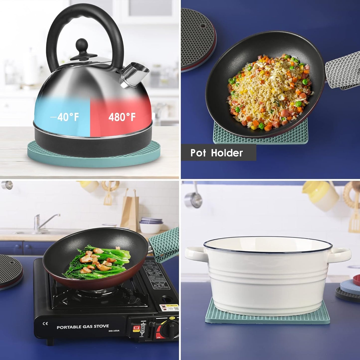 Silicone Trivets for Hot Dishes, Silicone Pot Holders for Kitchen, Trivet Mat Hot Pads for Kitchen, Trivets for Hot Pots and Pans, Heat Resistant Mats for Quartz Countertop, Set 4 Light Gray