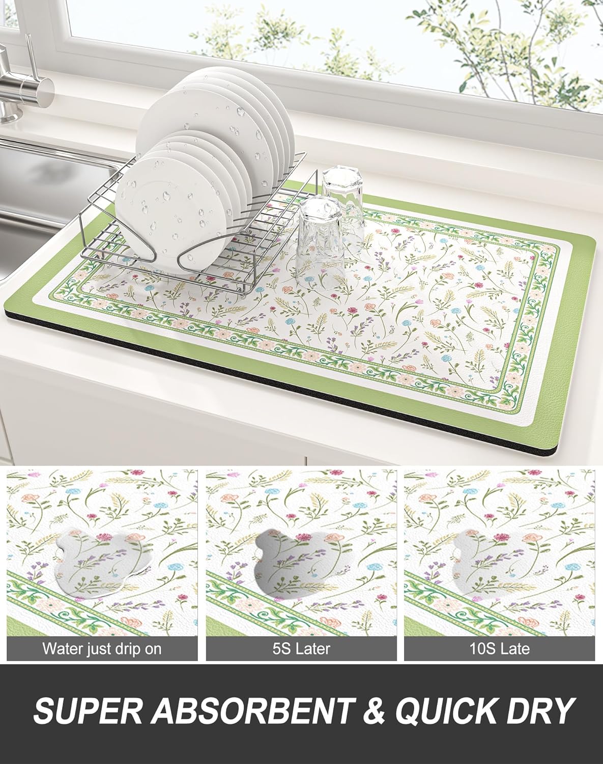 Rnivvi Dish Drying Mat for Kitchen Counter, 12 x 19" Cute Flower Theme Super Absorbent Draining Pad, Non-Slip Heat Resistant Coffee Bar Mat for Coffee Machine Station Accessories, Green Dish Rack Pad