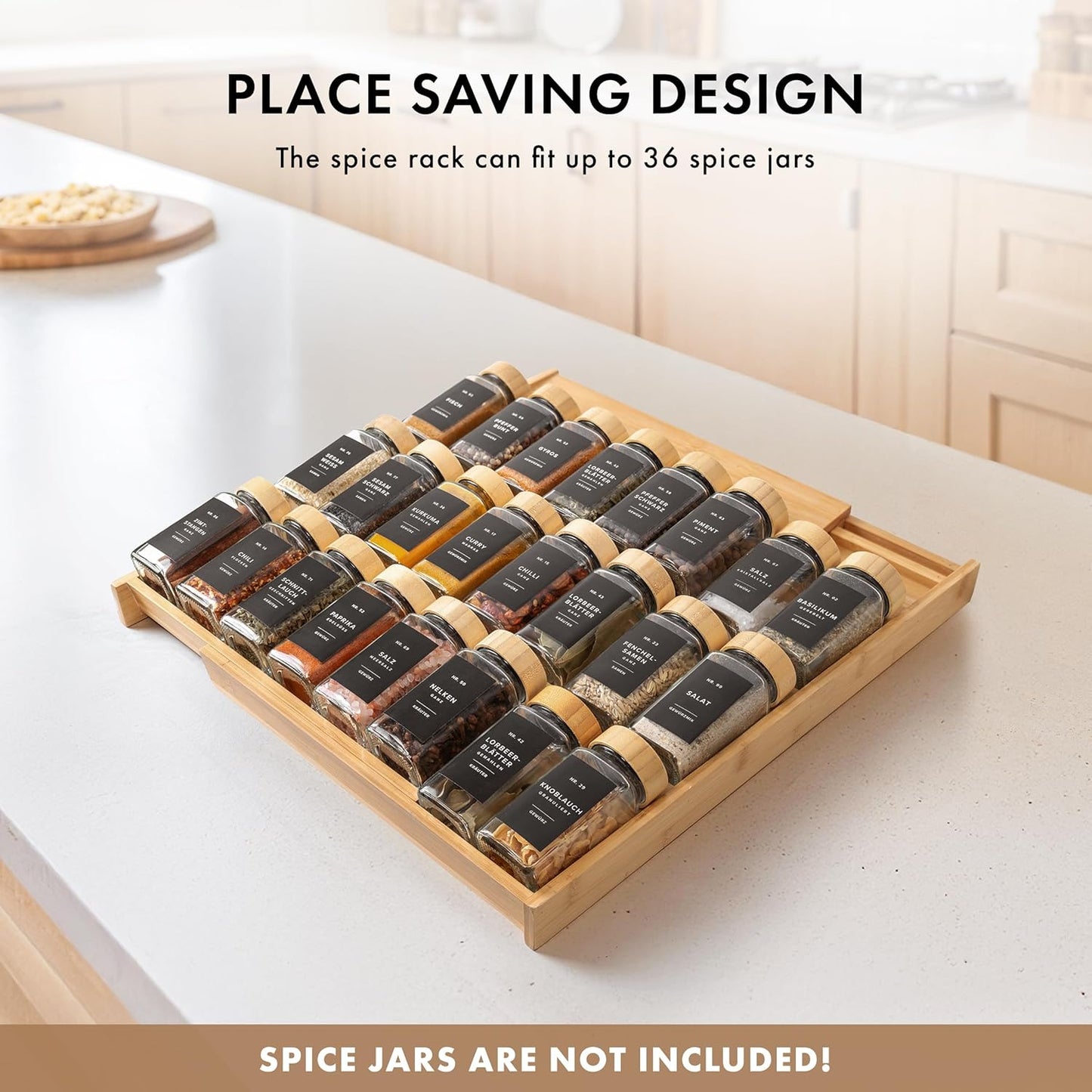 Bamboo Spice Drawer Organizer - Expandable 4 Tier Spice Rack (Need 3" Deep Drawer) 12" to 24" Wide, Seasoning Organizer, Organization Seasoning Rack insert (Jars Not Included)