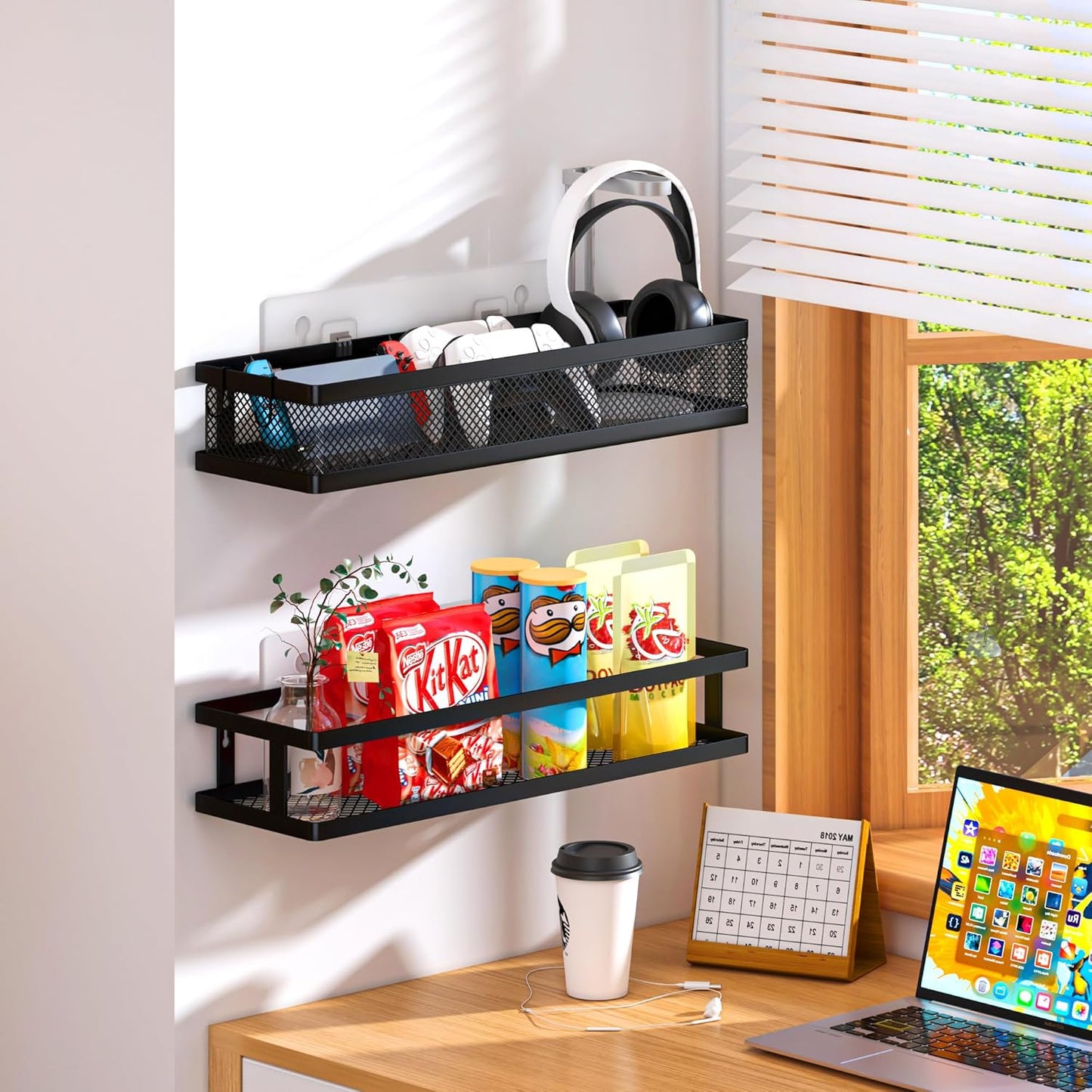 PUSDON Metal Wall Hanging Basket 2 Packs DIY Suitable for Multiple Scenes - Large Black Netting