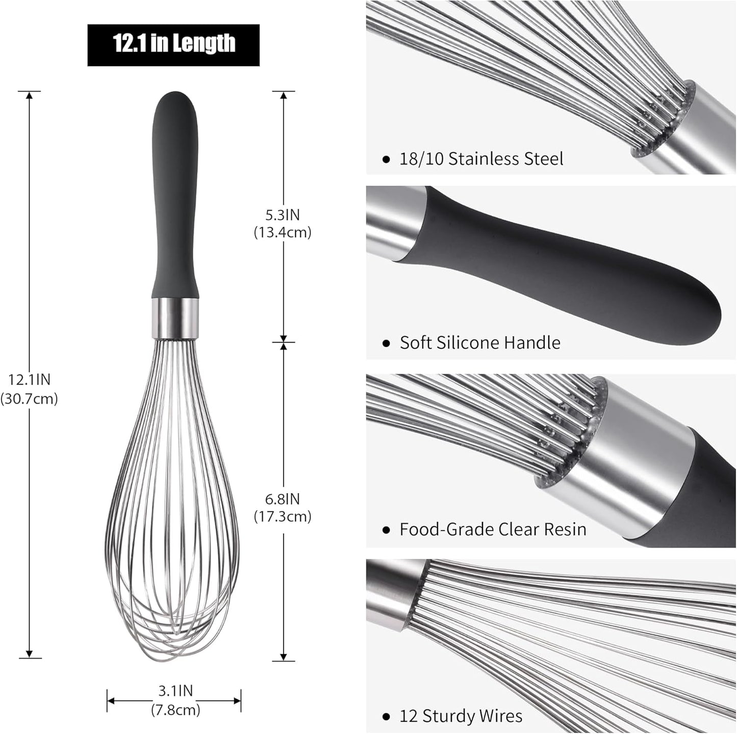 18/8 Stainless Steel Balloon Whisk, Doosu Kitchen Whisk for Cooking Handheld Egg Beater with Rust-Proof Sturdy Wires & Non-Slip Silicone Handle for Beating, Stirring, Blending (12 Wires, Black)