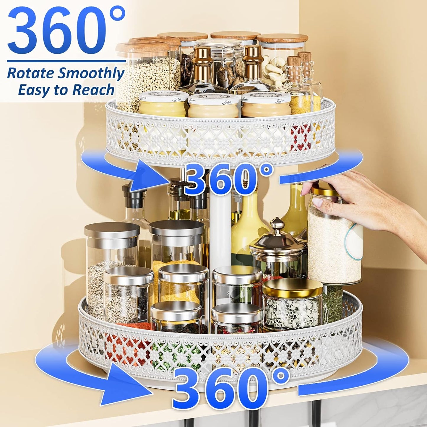 Lazy Susan Organizer 2 Tier - Turntable Spice Rack 12 inch Adjustable Metal Rotating Lazy Susan for Cabinet Pantry Kitchen Countertop Dining Table Cupboard Bathroom Vanity Storage White