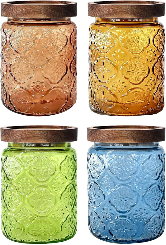 Glass Jars with Airtight Wood Lids – 24 OZ Kitchen and Pantry Canisters Sets, Decorative Vintage Storage Containers for Candy, Coffee, Cookie, Cereal, Flour, Sugar, Tea, Set of 4 Begonia