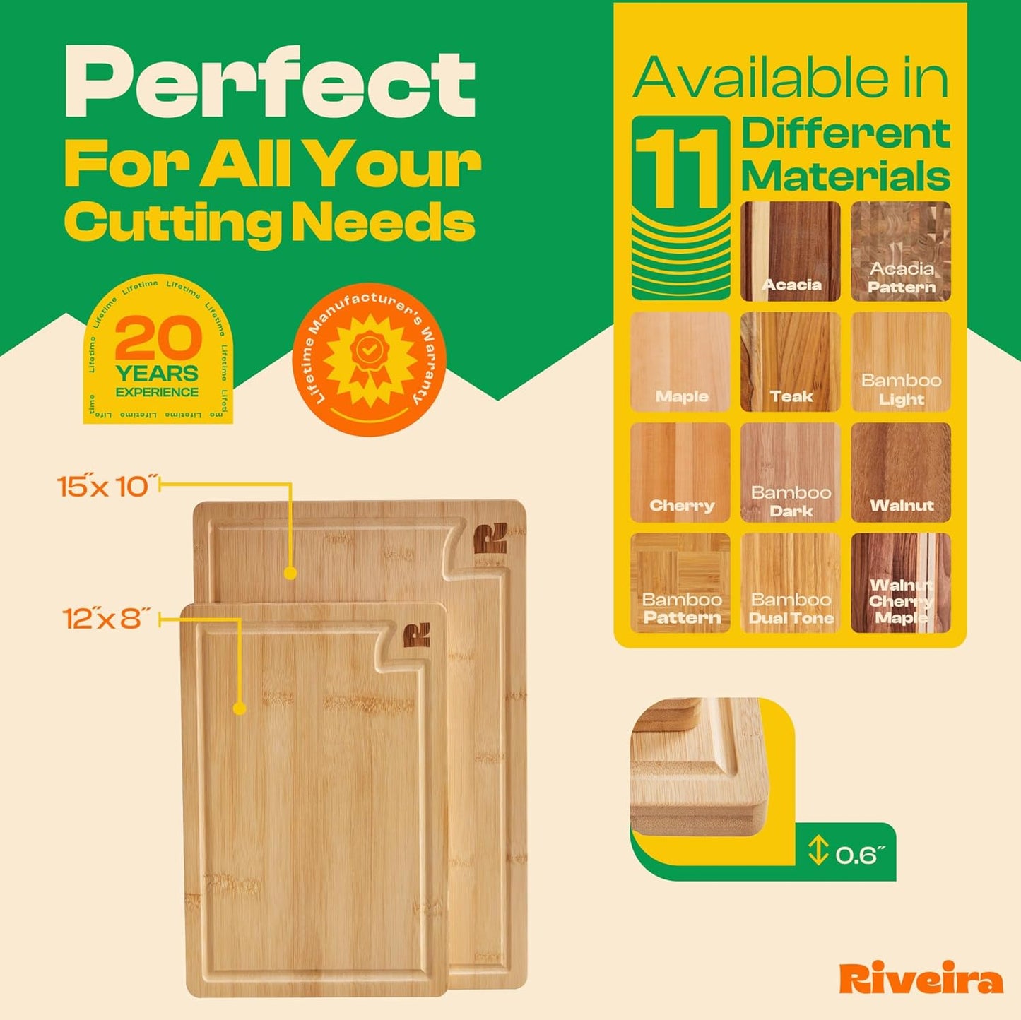 Riveira White Bamboo Wood Cutting Board – Versatile And Durable: Set Of 2 Pcs Rectangular Wooden Cutting Board – Natural Wooden Cutting Boards For Kitchen – Complete White Bamboo Wooden Chopping Board