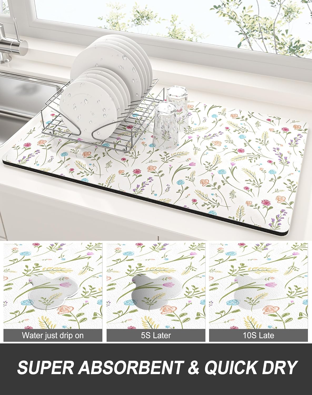 Rnivvi Dish Drying Mat for Kitchen Counter, XL 15 x 24" Cute Flower Theme Absorbent Draining Pad, Non-Slip Heat Resistant Coffee Bar Mat for Coffee Machine Station Accessories, White Dish Rack Pad