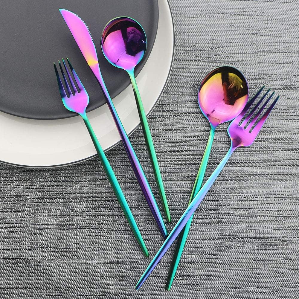 JASHII Shiny Rainbow Silverware Set, 30-Piece Stainless Steel Satin Finish Flatware, Kitchen Utensils, Mirror Polished Tableware Cutlery for Home and Restaurant, Dishwasher Safe