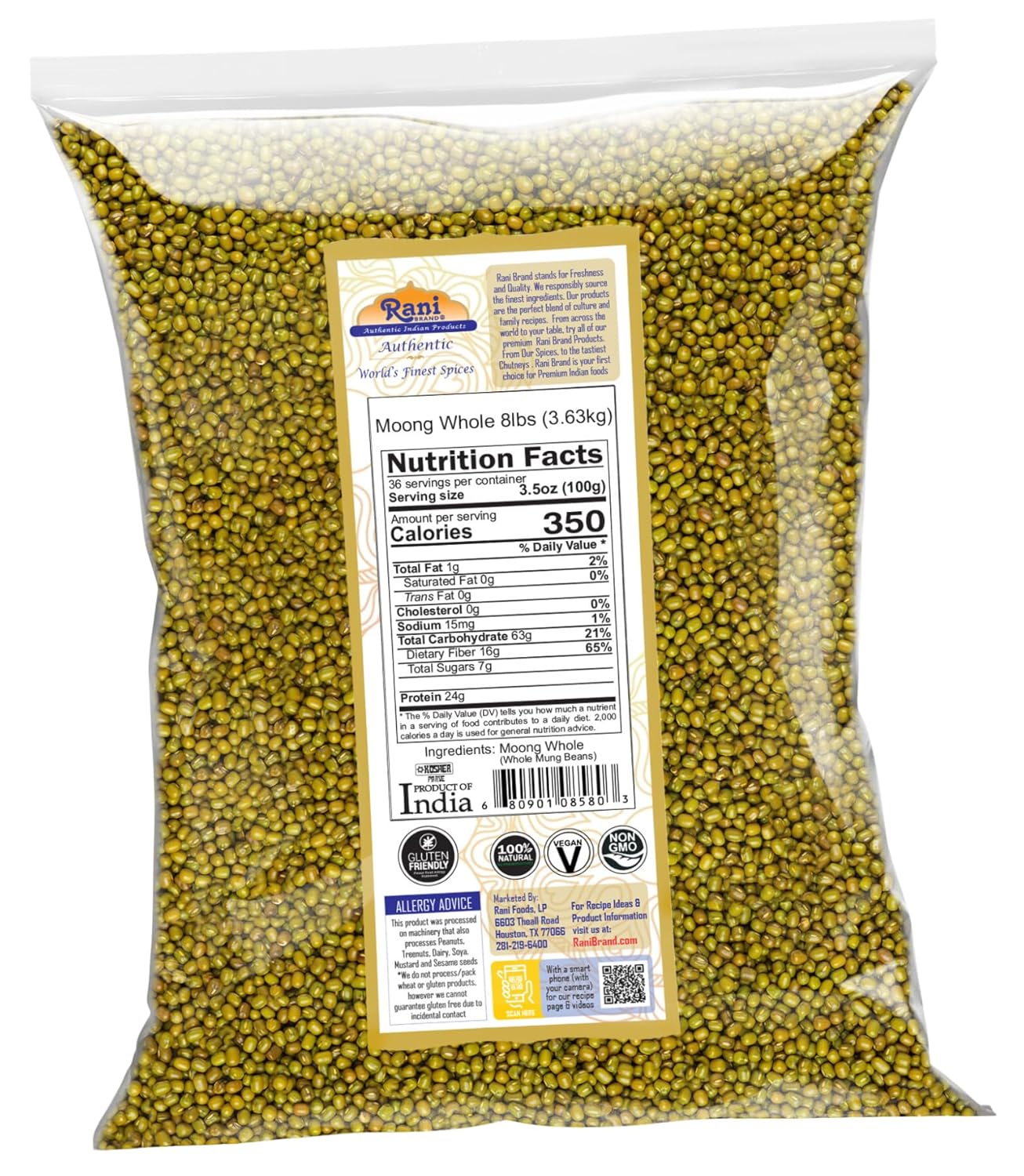 Rani Moong Whole (Ideal for cooking & sprouting, Whole Mung Beans with skin) Lentils Indian 128oz (8lbs) 3.63kg Bulk ~ All Natural | Gluten Friendly | Non-GMO | Kosher | Vegan | Indian Origin