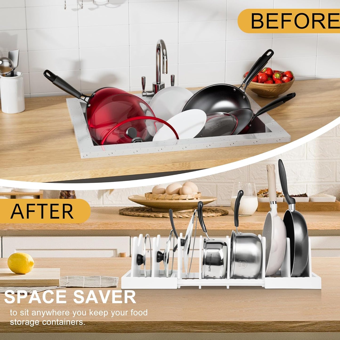 MinBoo Bamboo Expandable Pot Lid Organizer Pot Lid Holder, Pot and Pan Organizer Drawer Organizer for Pot Lids, Adjustable Dividers for Kitchen Cabinet Organizers and Storage,White,Large