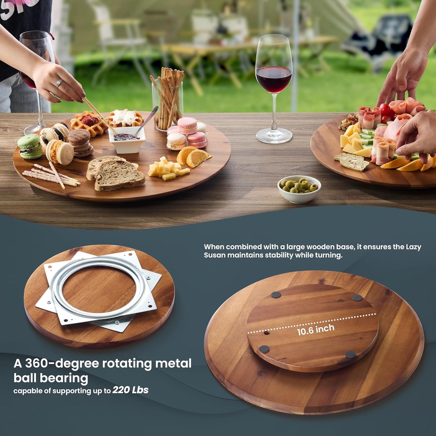 18" Acacia Wood Lazy Susan for Table Top - Wooden Turntable Serving Tray for Charcuterie Boards Cheese Board - Extra Large Round Lazy Susan Organizer - Kitchen Revolution for Countertop