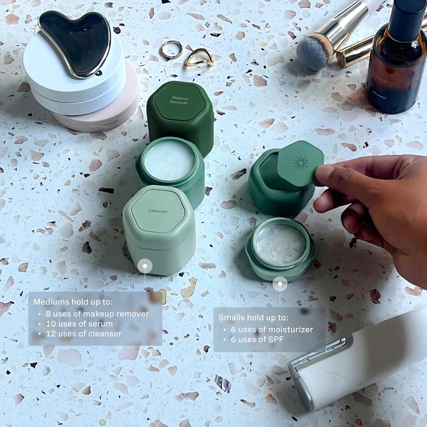 Cadence Travel Containers - Core Skincare Set - Magnetic Containers with Lids,2 Small (0.56oz) & 3 Medium (1.32oz) - Cleanser, Moisturizer, Serum, Makeup Remover & Sun Icon Labels - Evergreen