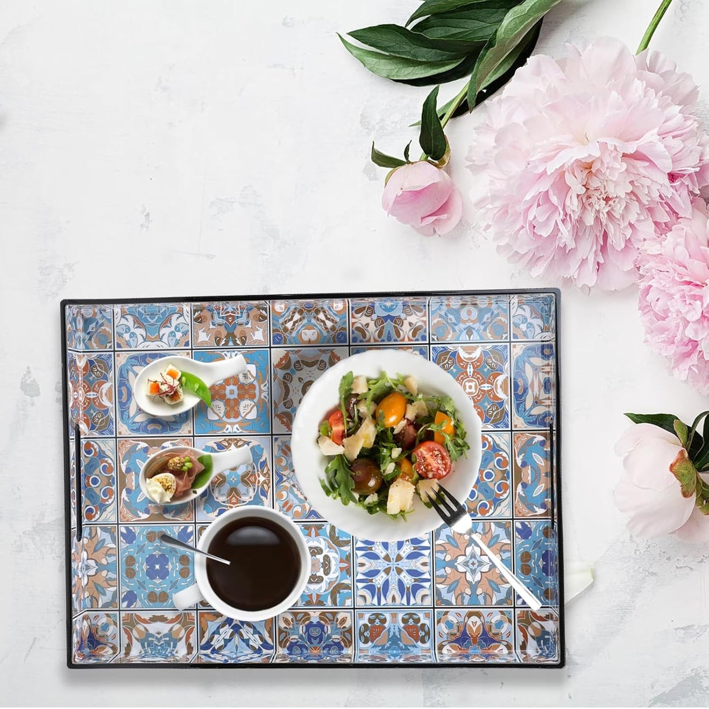 Spsyrine Serving Tray with Handles, Plastic Decorative Tray for Coffee Table, Living Room, Home Decor,Boho
