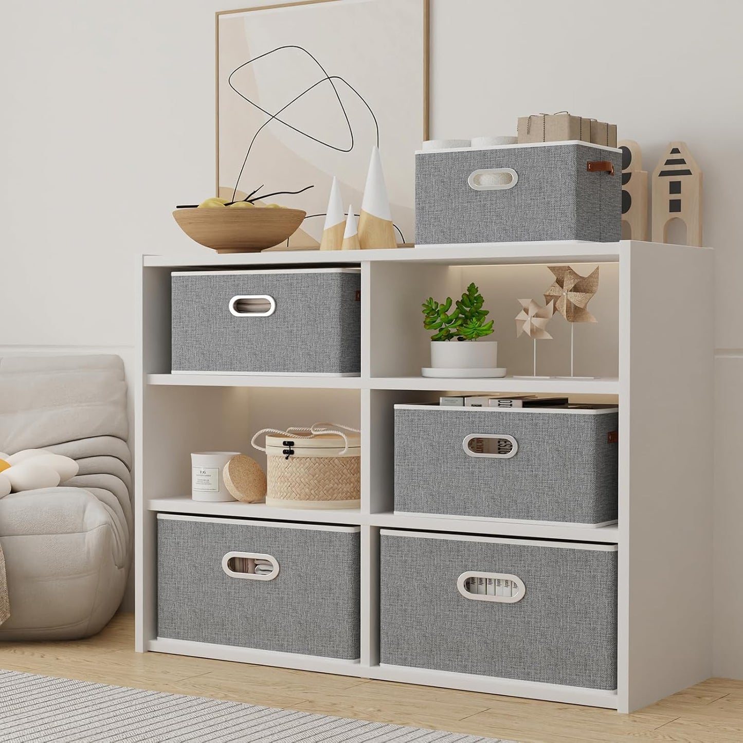 Yawinhe Fabric Storage Baskets, Foldable Closet Organizer for Shelves, Large Boxes with 3 Handles, Canvas Bins for Clothes, Grey, 12.99''Lx9.05''Wx7.87''H, 6-Pack