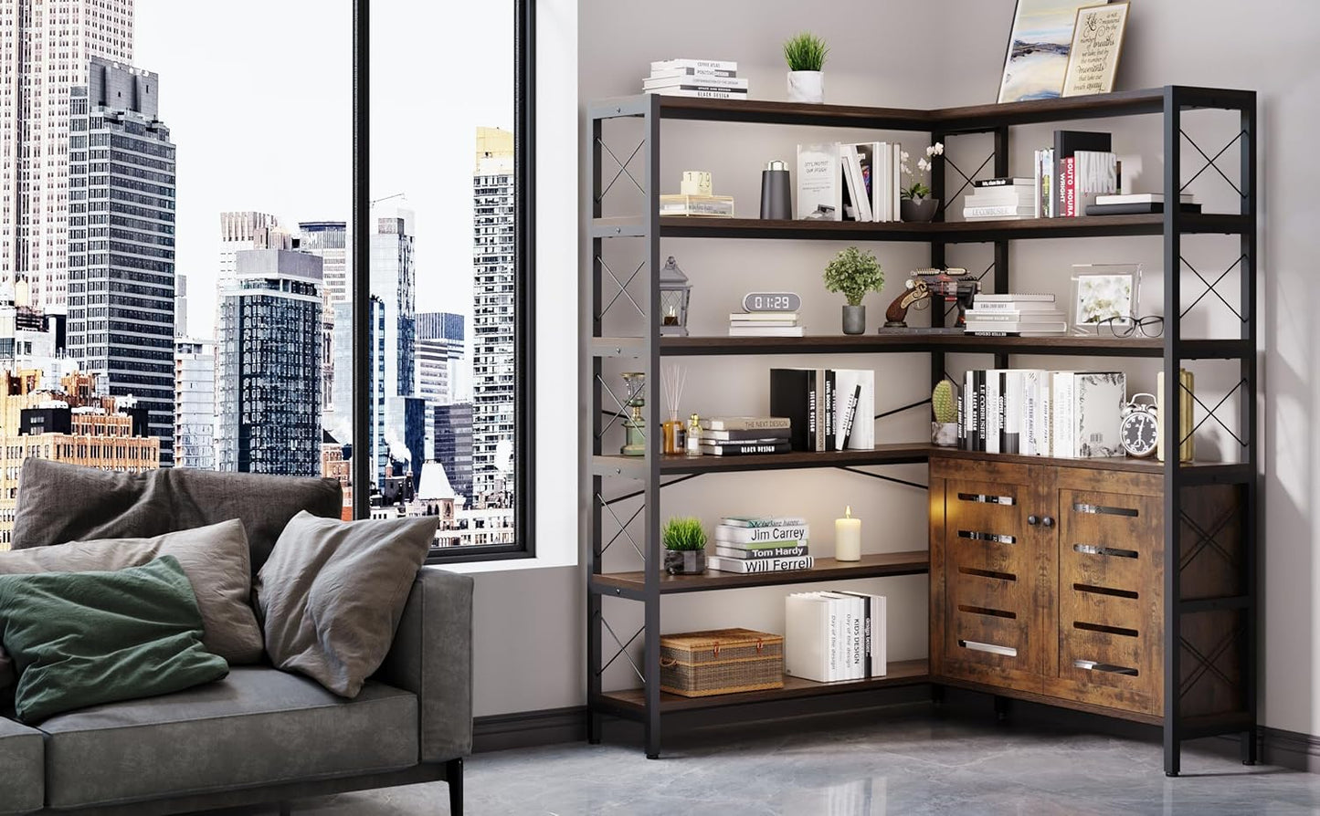 Corner Bookshelves and Bookcases Industrial Corner Etagere Bookcase L Shaped Shelf 6 Tiers with Metal Frame for Living Room Home Office