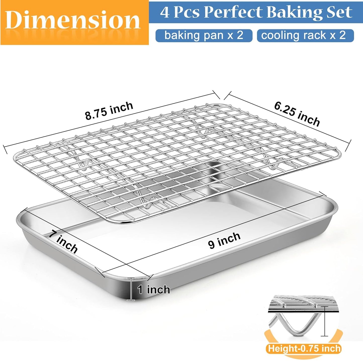 TeamFar Toaster Oven Pan with Rack Set, 9 x 7 x 1 Inch Stainless Steel Mini Baking Pan Tray with Grid Rack for Baking Roasting Cooling, Non-Toxic & Heavy-Duty, Dishwasher Safe, (2 Pans + 2 Racks)