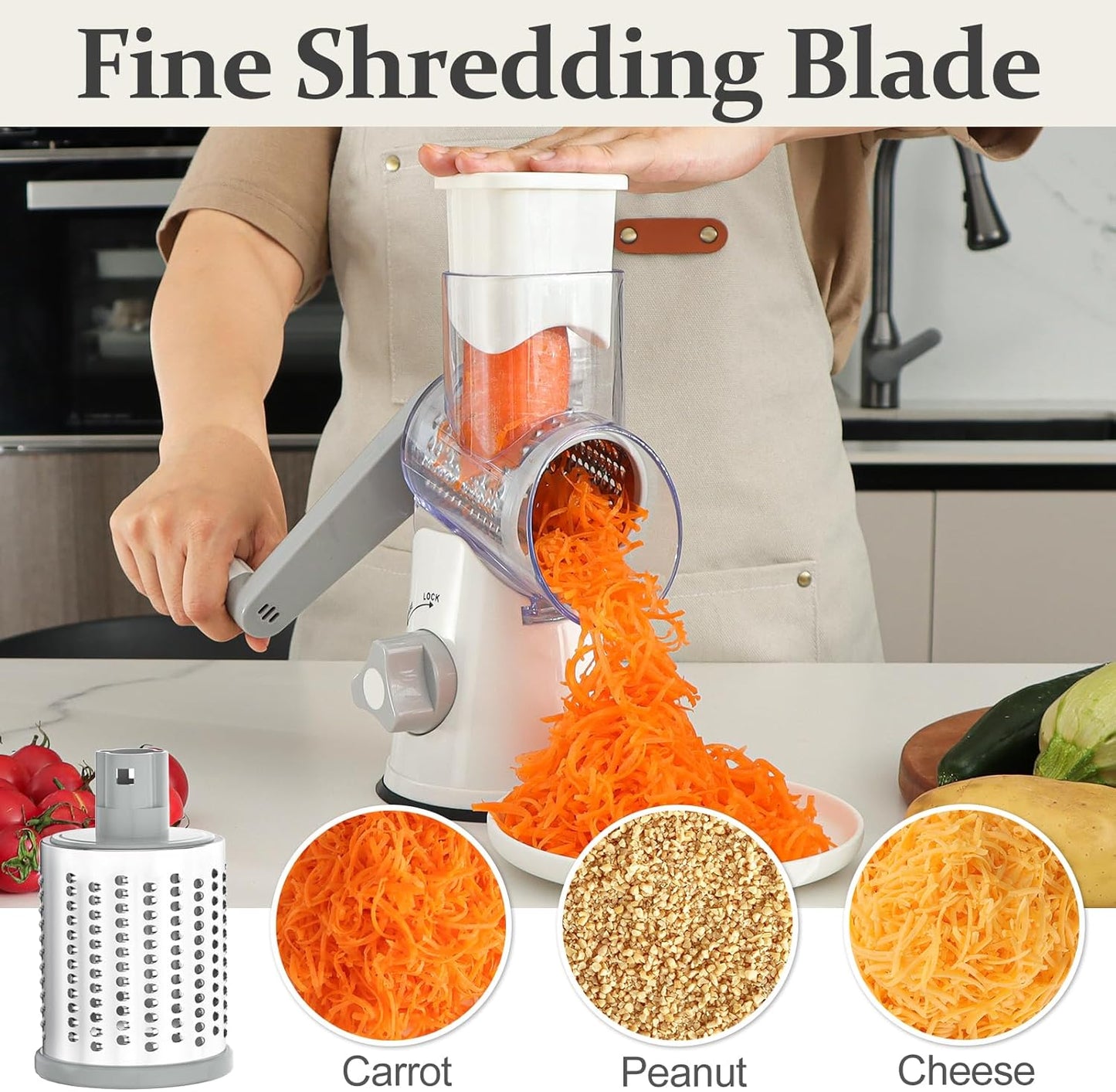 Cambom 5 in 1 Rotary Cheese Grater Hand Crank Cheese Shredder for Fresh Cheese, Vegetable, Nuts,Non-slip Suction Base, Five Blades, White