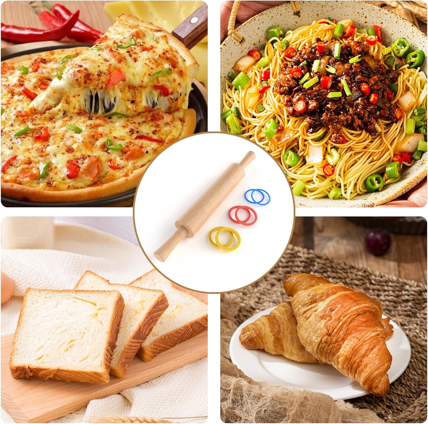 Classic Wooden Rolling Pin with Handle and Pastry Mat for Fondant, Pizza, Pies, Cookies, Rolling Pin for Baking with 3 Multi-Color Thickness Rings, 17" x 2.5" Natural Beechwood