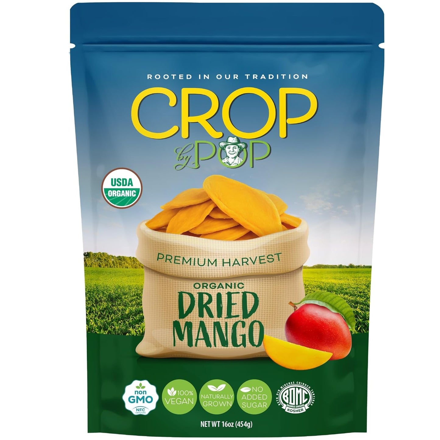 CROP BY POP - Organic Sun Dried Mango Slices, No Sugar Added, Unsulphured (16oz, 1 LB) Bulk Dry Fruits Packed Fresh in Resealable Bag - USDA Organic, Non GMO, Kosher