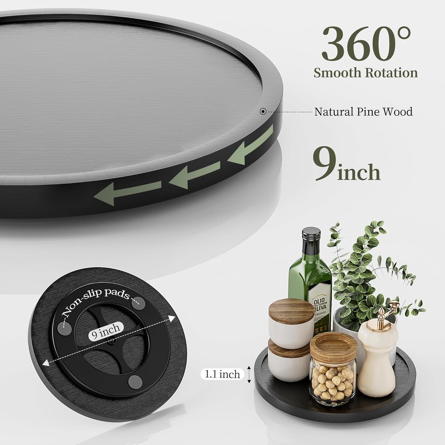 LAMU 9'' Wood Lazy Susan Organizer Turntable for Cabinet, Lazy Susan for Table Top, Pantry, Kitchen, Bathroom, Countertop, Rotating Spice Organizer, Vanity Decor Tray, Pine Wood, Black