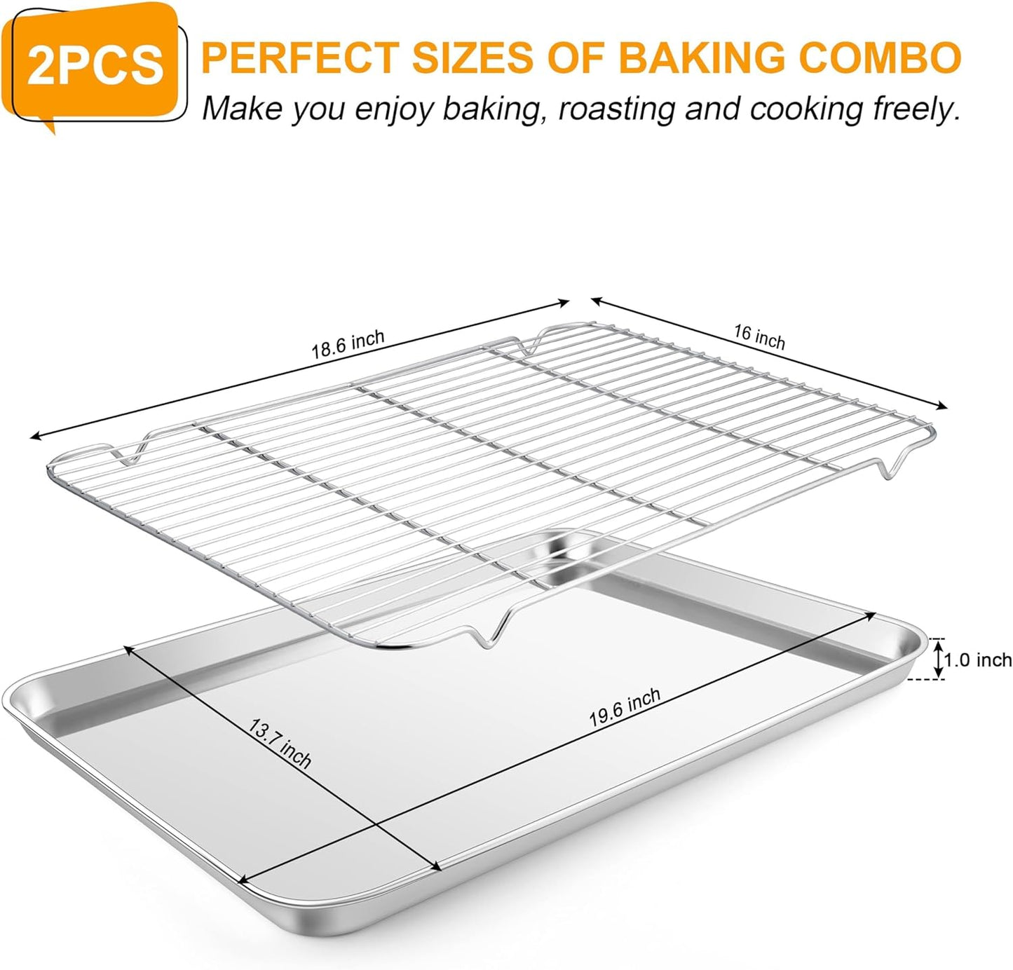 Homikit Baking Sheet Pan with Wire Cooling Rack Set, 20" x 14" Large Nonstick Stainless Steel Cookie Sheets Tray for Oven, Big Metal Bakeware Bacon Pans for Baking Cooking, Dishwasher Safe