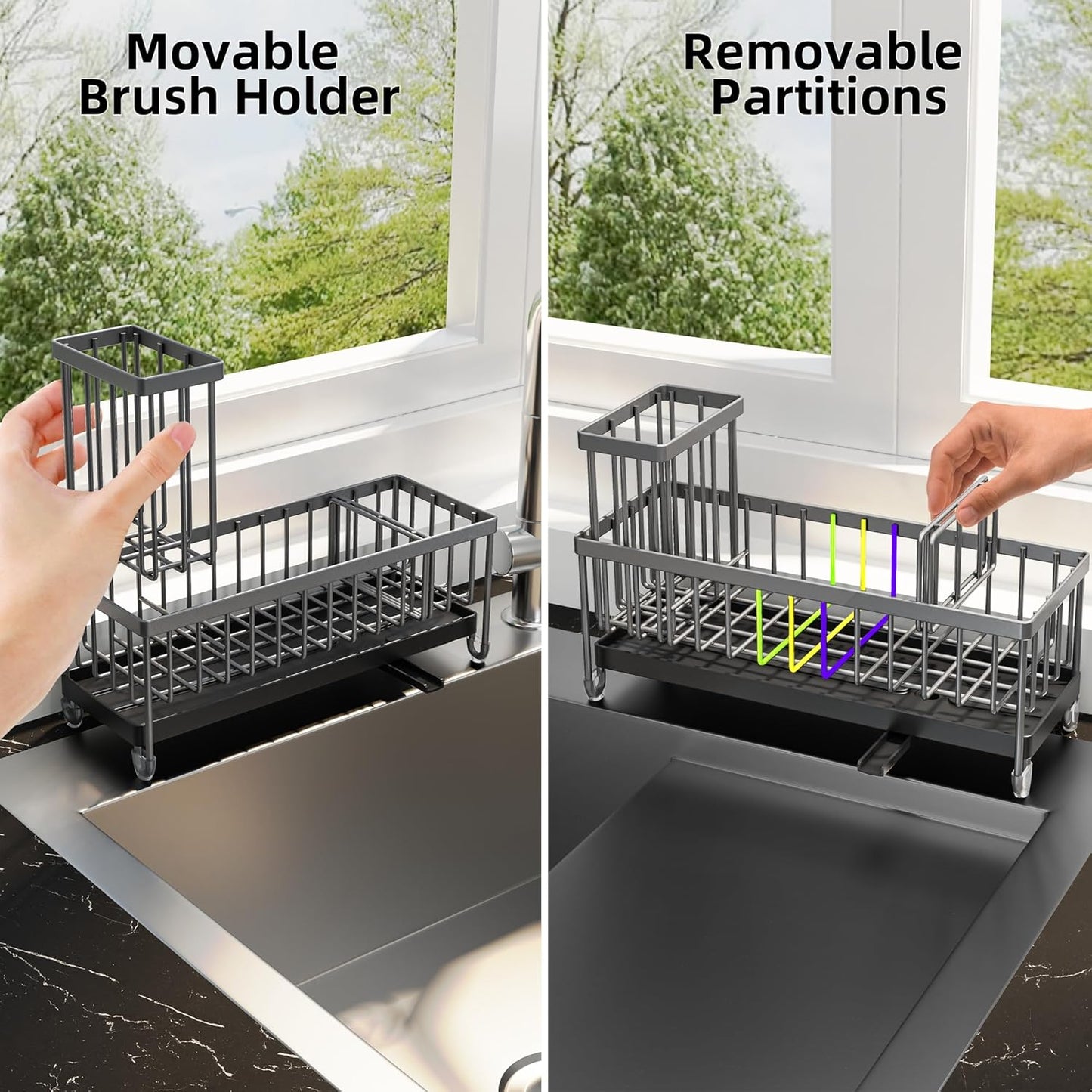 Moforoco Extra Large Sponge Holder for Kitchen Sink Organizer Caddy, Dish Brush Scrubber Holder,Stainless Steel Sink Box Utensil Holder,Soap Dispenser Set Tray Counter Accessories(Grey)