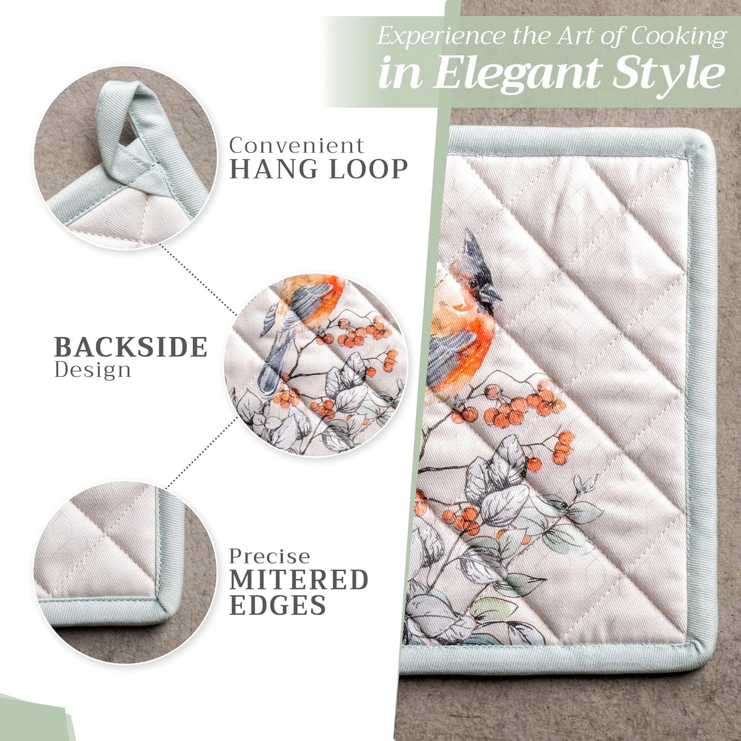 Maison d' Hermine Pot Holders Set 100% Cotton Heat Resistant Potholders 8" x 8" Hot Pads with Loop BBQ, Cooking, Baking, Grilling, Kitchen, Handling Hot Pans (Pack of 2, Whitish Shabby Chique)